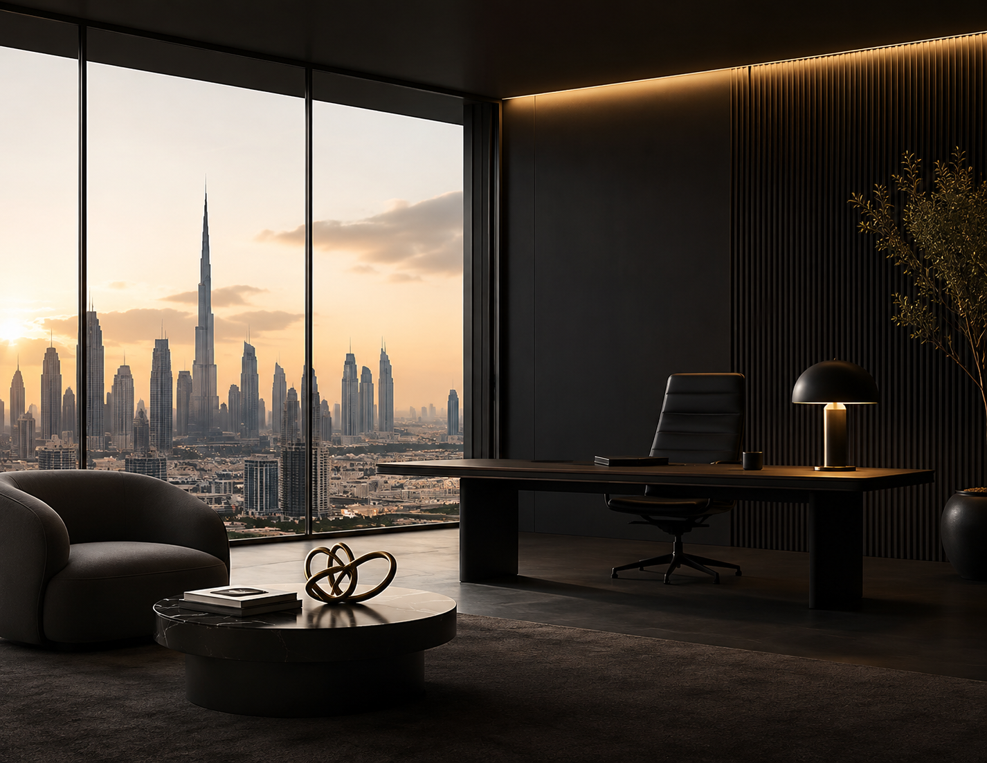 Premium executive office overlooking the Burj Khalifa and Downtown Dubai skyline at sunset